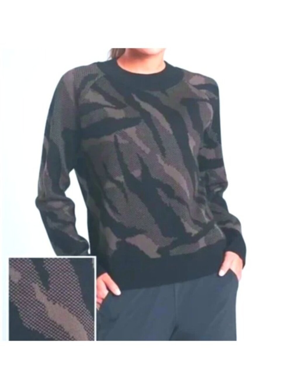 Athleta Women Small Jacquard Merino Wool Blend Camo Crewneck Sweater Black Grey